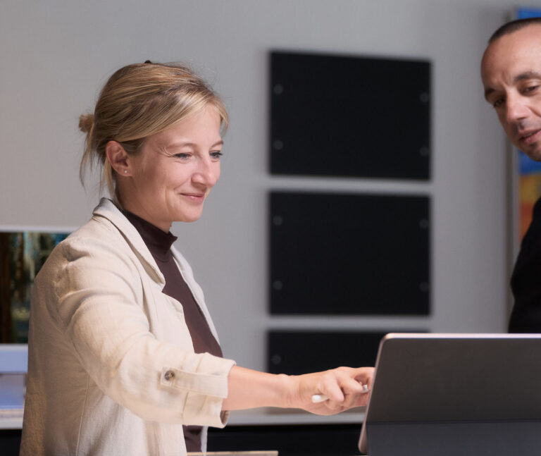 Consultant advising a client in a professional setting
